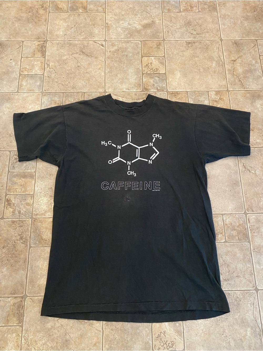 VTG 90s Caffeine Molecular Chemistry Science T Shirt Black Sz L Distressed 1991